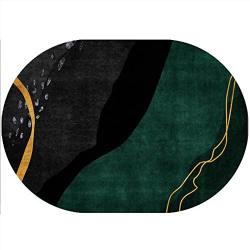Rururug Teppich Oval Moderner Läufer Orientteppich Kurzflor Flur Schlafzimmer Küche Wohnzimmer rutschfest Waschbar, grün grau schwarz mit goldenen Linien Oval 80 x 150 cm