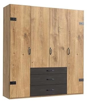Froschkönig24 Detroit 4-türiger Kleiderschrank Drehtürenschrank Plankeneiche/Schwarz, Passepartout (Rahmen):ohne Passepartout
