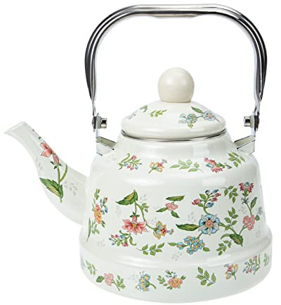 HANABASS 1.7 L Vintage Enamel Teapot with Floral Pattern, Stove Top Kettle Vintage Elegant Boiling Pot, Colorful Water Tea Kettle Flat Bottom Kettle with Cool Touch Porcelain Handle for Tea Coffee