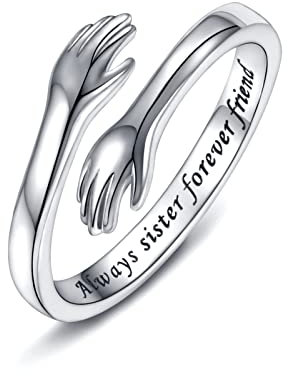 925 Sterling Silber Umarmungsringe für Frauen, I Love You Forever Love You Mutter Geschenk Schwester Geschenke Gravierte Worte Umarmung Hände Offener Ring (Always sister forever friend)