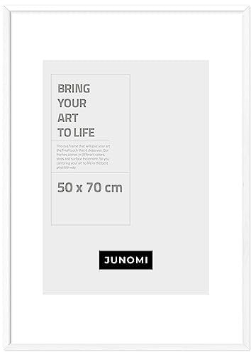 JUNOMI® Bilderrahmen 50x70 cm Holz | Farbe Weiß | Posterrahmen mit bruchsicherem Acrylglas | Hoch- & Querformat zur Wandmontage, schmales Profil