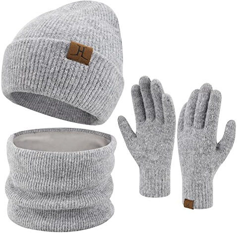 ZASFOU Damen Winter Beanie Mütze Schal Touchscreen Handschuhe Set Warme Wintermütze Loop Schal Schlauchschal Winterhandschuhe Weihnachten Geschenk für Frauen,Lichtgrau