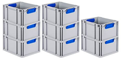 PROREGAL SuperSparSet 8x Eurobox NextGen Color | HxBxT 22x30x40cm | 20 Liter | Griffe blau geschlossen | Glatter Boden | Eurobehälter, Transportbox, Transportbehälter, Stapelbehälter