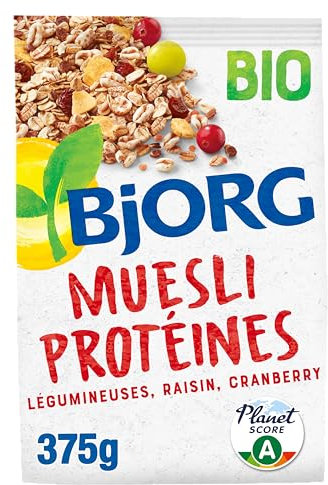BJORG - Muesli Protéines Bio - Légumineuses, Raisin, Cranberry - Réduit En Sucres - Riches En Fibres - 375g (L'emballage peut varier)