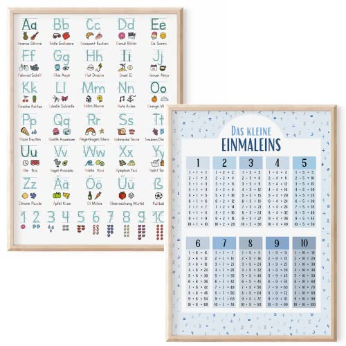 MeinBaby123® 2er Set DIN A4 ABC Lernposter Grundschrift und 1x1 Poster | Einmaleins Trainer für Kinder | geeignet für Kindergarten, Vorschule, Grundschule | inkl. Übungsblätter (2er Set - blau A4)