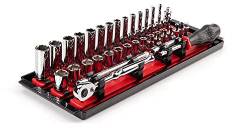 TEKTON 1/4 Inch Drive 6-Point Socket and Ratchet Set with Rails and Tray, 35-Piece (4-15 mm) | SKT03201