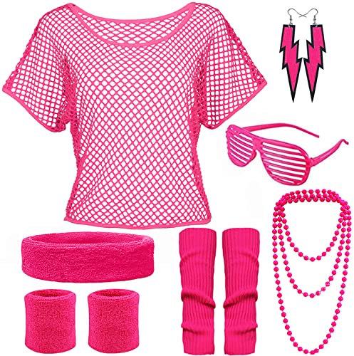 YADODO Deguisement Annee 80 Femme Accessoire Fluo avec Shirt Resille,Jambiere Fluo,Bandeau,Déguisement Année 80 Femme Accessoires Soirée Années 80 90 Disco Costume Carnaval Fête Néon (Rose)