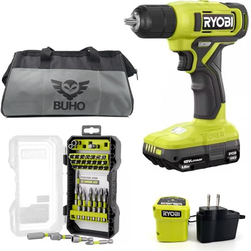 Cordless Drill Set Bundle with Ryobi 18V ONE+ Drill Driver, 3/8 Inch Chuck, 40 Piece Drill Bit Set, 1.5 Ah 18-Volt Lithium-ion Battery, 18-Volt Charger and Buho 16 Inch Tool Bag