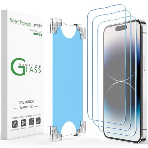 amFilm OneTouch Magnetische Displayschutzfolie für iPhone 14 Pro Max, 17 cm (6,7 Zoll), gehärtetes Glas, vollständige Abdeckung mit einfachem Installationsset, magnetisch und wiederverwendbar, 3 Stück