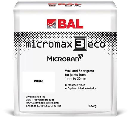 Bal Micromax3 Eco Grout Wall & Floor Grout, Rapid Set, Antimicrobial, Suitable For Interior & Exterior 2.5KG Bag - White