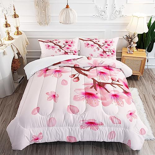 XYNHML Parure de lit 3 pièces en duvet avec 1 couette et 2 taies d'oreiller Motif fleurs de cerisier Rose