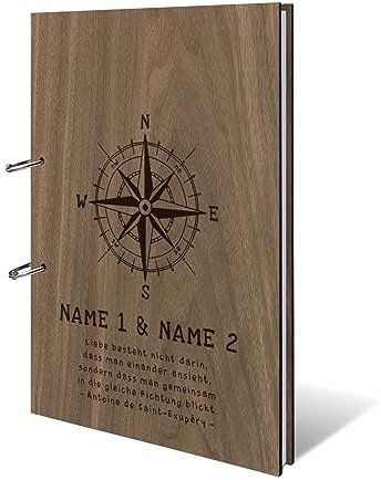 Personalisiertes Hochzeit Gästebuch echtes Holz DIN A4 Hochzeitsbuch mit Lasergravur - Kompass - mit 72 Blatt / 144 Seiten Naturpapier Weiß