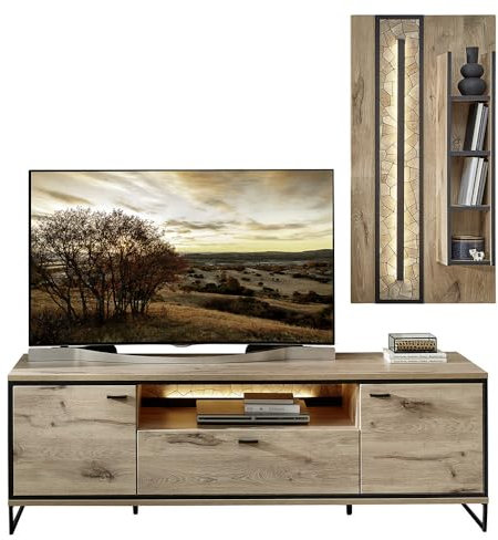 Lomadox Wohnwand TV-Wand inkl. Beleuchtung braun 2-teilig Modern, 1 Lowboard, 1 Wandboard