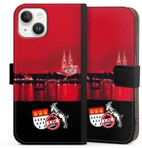 Klapphülle kompatibel mit Apple iPhone 14 Handyhülle aus Kunst Leder schwarz Flip Case Skyline 1. FC Köln Offizielles Lizenzprodukt