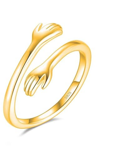 Umarmungsring in 925 Sterling Silber und Gold Verstellbar als Geschenk für Sie, Freundin, Freund, Muttertag und zur Verlobung Umarmung Ring mit Umarmende Hände (Gold, 60)