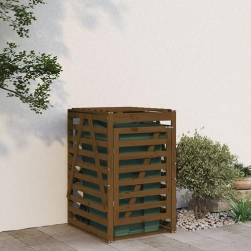 BaraSh Garden Wheelie Bin Hideaway Waste Bin,Storage Shed w/Locking Doors Assisted lift up Lid easy use Outdoor Hygienic Dustbin Unit Cover Steel with Doors,Wheelie Bin Storage Honey Brown 84x90x128.5