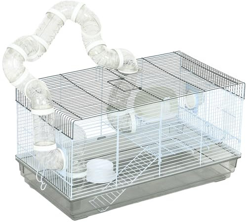 PawHut Cage pour Hamster et Rongeur avec Tunnel, Accessoires Inclus, Poignée, Fil d'Acier, 58 x 32 x 31 cm, Gris