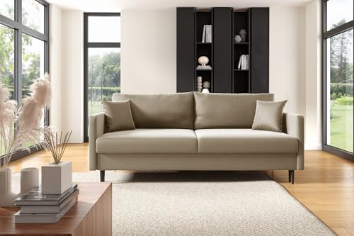 LIKMA 3 Sitzer Sofa Mara 209 cm mit Schlaffunktion und Bettzeugbehälter, Velvet Schlafsofa mit Bettkasten, Moderne Couch, Sofagarnituren, Bettsofa Farbe: Creme, Stoff: Velours Riviera 21