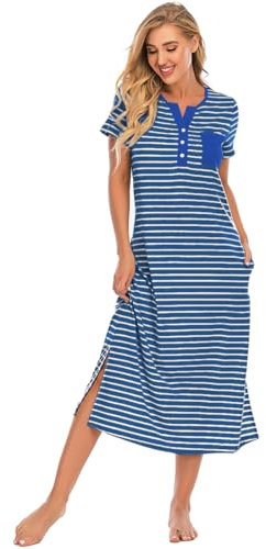 Jlowesun Long Nighties for Women Hospital Labor and Delivery Gown Stripes Nightdress Nightshirts for Ladies Short Sleeve Soft Button Up Sleep Night Dress Shirt with Pockets