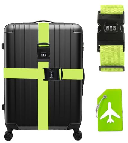 Koffergurt Kofferanhänger Set, Personalisierte Gepäckband mit Identifikationsanhänger für Reisekoffer und Reisetaschen, Praktisches Gepäckband Set zur schnellen Erkennung (Grüner)