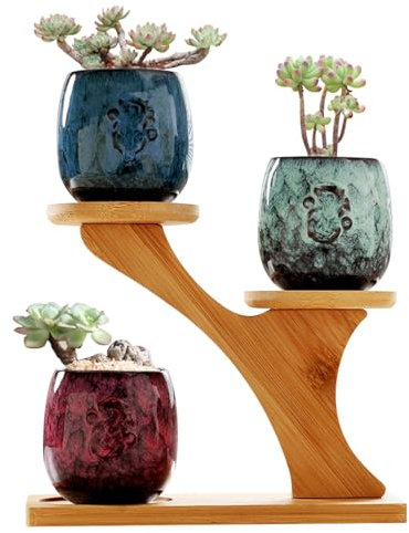 kiss me Ceramic Plant Pots Flower Pot with Wood Stand, Stylish Glossy Design Container Planter Outdoor Indoor Plant Pots with Drainage Holes for Cacti Succulents and Small House Plants (A)