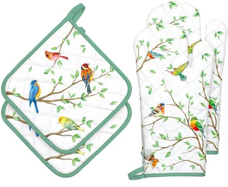 Arquiel Ofenhandschuh und Topflappen 4er Set, 100% Baumwolle Kochhandschuhe, Hitzebeständiger Küchenhandschuh Zum Kochen Backen Grillen Geschenk,Astvogel