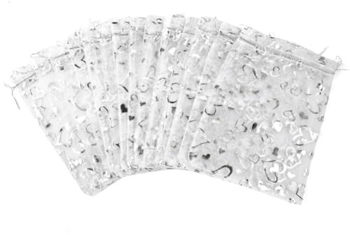 CLTPY 100 PCS Organzasäckchen 17x23cm Silber Herz Muster Organzabeutel Schmuckbeutel Geschenksäckchen Kordelzug Duftsäckchen Organza Säckchen für Hochzeit Weihnachten Gastgeschenke Süßigkeiten