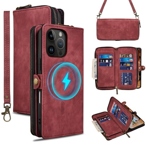 Rssviss Schutzhülle für iPhone 16 Pro Max, Crossbody, mit Kartenhalter, Handgelenkschlaufe, Flip-Reißverschluss, kompatibel mit Magsafe, RFID-blockierend, Geldbörsenhülle für iPhone 16 Pro Max, Damen