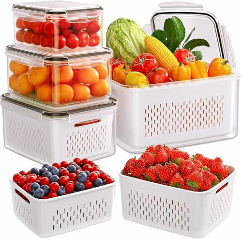 LATERN 5Pcs Fruit Storage Containers for Fridge with Removable Colanders, 4 In 1 Airtight Food Storage Container Leakproof Fridge Organizer Bins with Lids for Salad Fruit Vegetables Meat Keeper Fresh