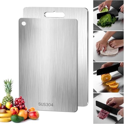 Schneidebrett aus Edelstahl, Erstklassige 304 Edelstahl Schneidebrett 2024 Neues Upgrade, Geeignet für Fleisch, Obst und Gemüse, Leicht zu reinigen und frei von Verunreinigungen (34×23cm)(29×20cm)