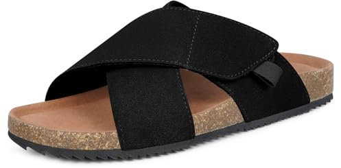 Dokela Pantoletten Damen Sandalen mit Kork Fußbett Hausschuhe aus Leder,Schwarz,EU40
