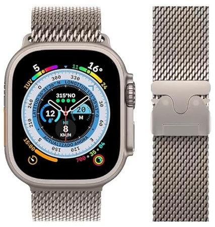 JINPXI Correas para Apple Watch 42/44/45/46/49mm Pulseras de Repuesto de Metal de Acero Inoxidable para Mujer Hombre,Correa de Malla Milanesa con Cierre de Paracaídas para Apple Watch (Titanio)