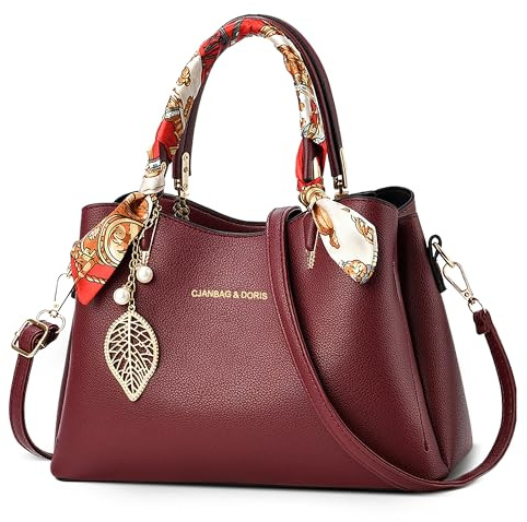 FOLOVEYA Handtasche Damen Mittelgroß Elegant Henkeltasche PU Leder | Taschen Damen Mode Damenhandtasche Stilvoll Umhängetasche für Frauen mit Ziertuch für Arbeit Shopping Alltag