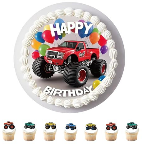 Anemowind 11 Stück Essbare Tortenaufleger - Monster Truck Geburtstag Tortendeko Geburtstagskuchen Deko aus Reispapier Kuchen Dekoration auf Monster Truck Party