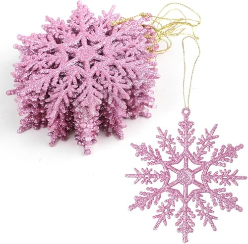 SULOLI 12 Piezas Decoración de Copos de Nieve，Adornos de Copo de Nieve con Purpurina,Colgante de Copo de Nieve，Decoraciones Utilizadas para Colgar en el Àrbol de Navidad, Hogar, Empresa（Rosado）