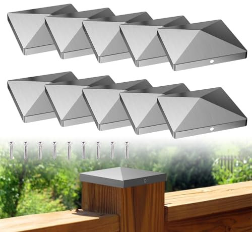 Fence Post Caps 3x3 / 4x4 inch, 10 PCS Stainless Steel Fence Toppers, Weatherproof Fence Post Toppers, Square Fence Caps with Screws, Fence Post Tops for Protection and Decoration (Silver, 4 x 4 inch)