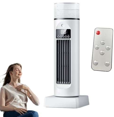 Ventilador Aire Frío Sin Aspas Seguro Niños | Portátil con Hielo/Agua, Aire Acondicionado Silencioso 6 Velocidades + Tanque Remoto y Humidificador para Dormitorio/Oficina (Modo Noche) (Blanco)