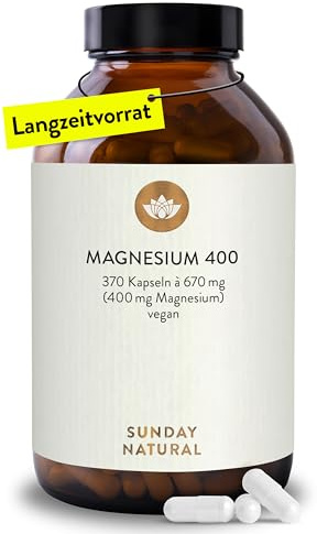 SUNDAY NATURAL® Magnesium hochdosiert Kapseln - 365 Stück - 673mg je Kapsel, davon 400mg reines Magnesium - Höherer Gehalt als andere Magnesiumformen - Laborgeprüft in Deutschland & Vegan