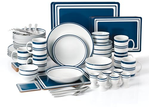 Waterside 80pc Blue Bistro Combination Tableware Set; Porcelain Dinner Plates, Side Plates, Soup Bowls, Deep Bowls, Mugs, Egg Cups & Snack Bowls + Placemats/Coasters & Cutlery