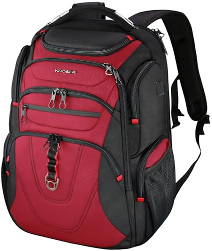 KROSER Friendly Travel Laptop Backpack Water-Repellent Daypack Business Backpack, Black/Red-17.3, 17.3 inch, Modern