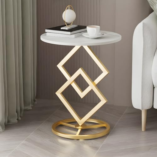 Moderner Runder Beistelltisch Mit Steinplatte – Schwarzer Beistelltisch Mit Stahlsockel for Wohnzimmer, Schlafzimmer Oder Terrasse (16 Durchmesser, 23 H)(Gold-White,1 Piece)