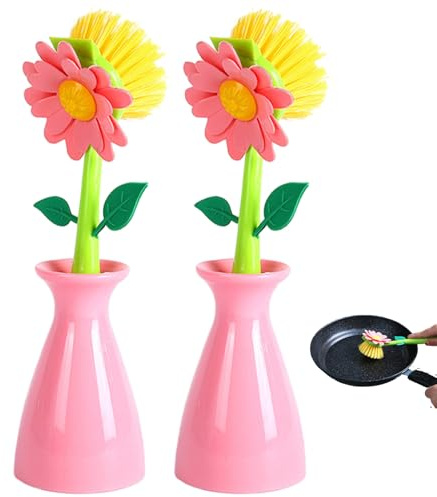 Spülbürste mit Halter, 2er-Pack blumenförmige Spülbeckenbürste mit langem Griff, kratzfester Topfschrubber für Geschirr und Pfannen zu Hause.