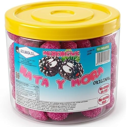 Merenguitos 100 Unidades en Bote – Sabores Yogur Fresa, Nata Fresa, Nata Blue Cola y Sandía, Chuches de Merengue Sin Gluten y Sin Grasa (Nata Mora 100u)