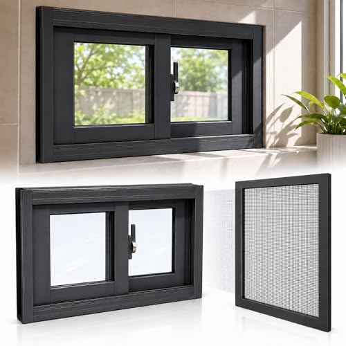 HLDJYLZS Finestra Scorrevole in Alluminio con Zanzariera, per Seminterrato Garage Capanno Vetro Temperato, Doppio Binario per Bagno Casa Mobile(Dark Gray,36 * 14in)