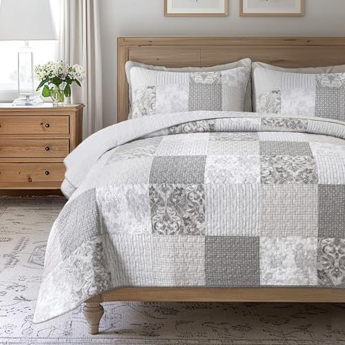 SLPR Silver Linings Baumwoll-Bettwäsche-Set – Doppelgröße mit 1 Kissenbezug, neutrales Patchwork-Design, Landhausstil, Silbergrau, Gesteppte Steppdecke, leichte Sommer-Tagesdecke im Bauernhaus-Stil