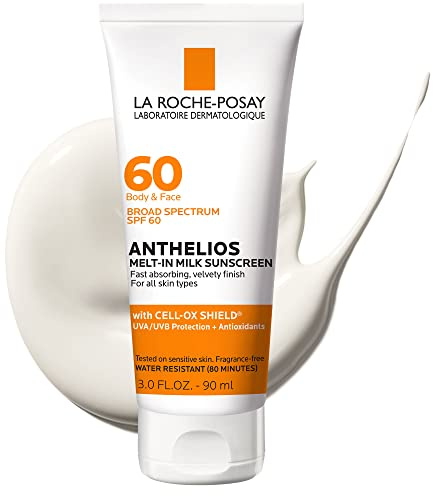 La Roche-Posay Anthelios Melt-In Milk Sunscreen SPF 60, Sunscreen For Body & Face, Broad Spectrum SPF + Antioxidants, Oil Free, Lightweight & Fast Absorbing, Oxybenzone Free