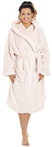 Camille Women's Super Soft Dressing Gown - Luxury Fleece Hooded Bathrobe - Long Sleeved, Belt Fastening & Front Pockets - Pink 16-18