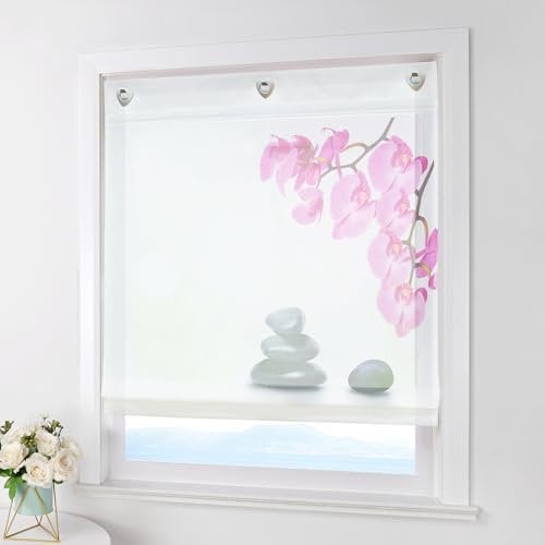 ESLIR Raffrollo Ohne Bohren Gardinen Küche Raffgardinen mit Ösen Transparent Ösenrollo Vorhänge mit Blumen Druck Voile Weiß BxH 80x140cm 1 Stück