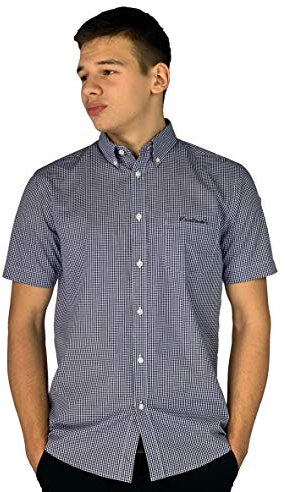 Pierre Cardin Mens 100% Cotton Short Sleeve Checked Shirt with Signature Embroidery (Small, Navy/White/Gingham)
