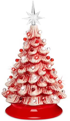 Best Choice Products 15in Ceramic Christmas Tree, Pre-lit Hand-Painted Tabletop Holiday Tree, 2 Star Toppers, 64 Lights - Peppermint w/Red and White Bulbs